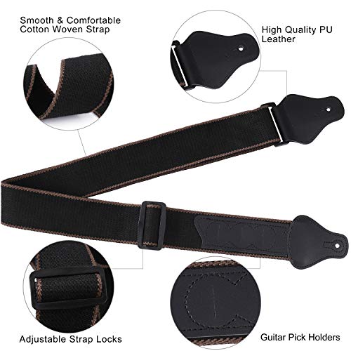 Verstelbare gitaarriem van zacht katoen met 3 vakken voor plectrums, geschikt voor bas-, elektrische en akoestische gitaren, Zwart, 89.5cm-145cm - Image 7