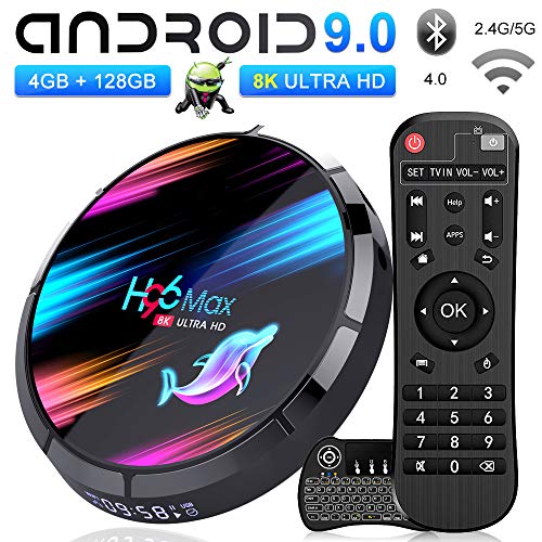 Android 9.0 TV Box ?4G+128G? H96 MAX S905X3 Quad-Core 64bit Cortex-A53 Android TV Box Wi-Fi-Dual 2.4GHz/5GHz Bluetooth 4.0 8K UHD Smart TV Box con mini teclado inalámbrico