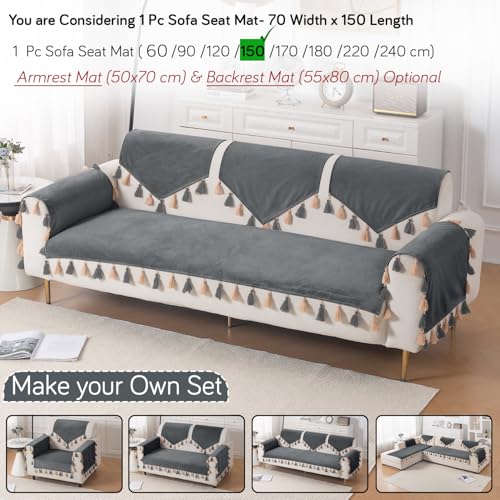 Image of HOKIPO Premium Holland Velvet Sofa Cover with Tassel for 1 /2 /3 Seater & L Shape Sofa | Make Your Own Set, 'TasselTone Series' Sofa Mat, 70(W) x 150(L) cm, Graphite Grey (IN-1107-DGRY)