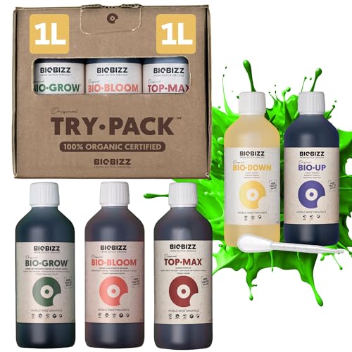Biobizz XXL Trypack Indoor Set mit Bio Bloom Bio Grow und Top Max je 1L und Bio Up Bio Down je 250ml inklusive Messpipette