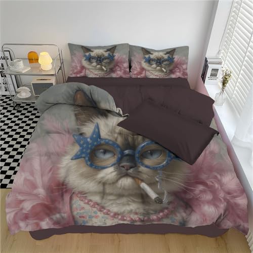 Fundas Nordicas Cama 105 Juvenil Estampado Gato Siamés, Juego De Ropa De Cama Juvenil Microfibra, Funda Edredon 180 X 220 Cm con Cremallera Y 2 Funda De Almohada 50X75 Cm, Patrones Animales En 3D