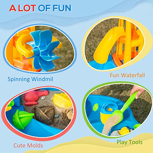 Qaba 2-in-1 Covered Sandbox Table with Umbrella for Outdoors and Indoors, 25-Piece Sand and Water Table for Toddlers, Little Kids Toys