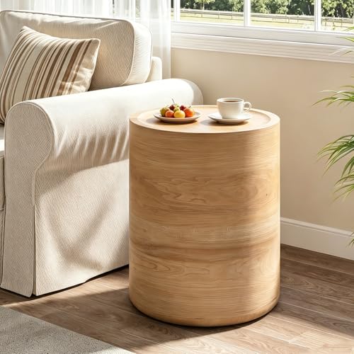 Maotifeys Round Drum Side Table Modern Natural Wood Color Small Accent Coffee Tables for Living Room Fully Assembled Wooden Sofa Side End Table for Home Office