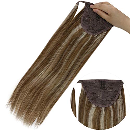 YoungSee 20inch Clip in Ponytail Extensions Human Hair Light Brown Highlight with Blonde Wrap Around Ponytail Hair Extensions Human Hair Piece 80Grams