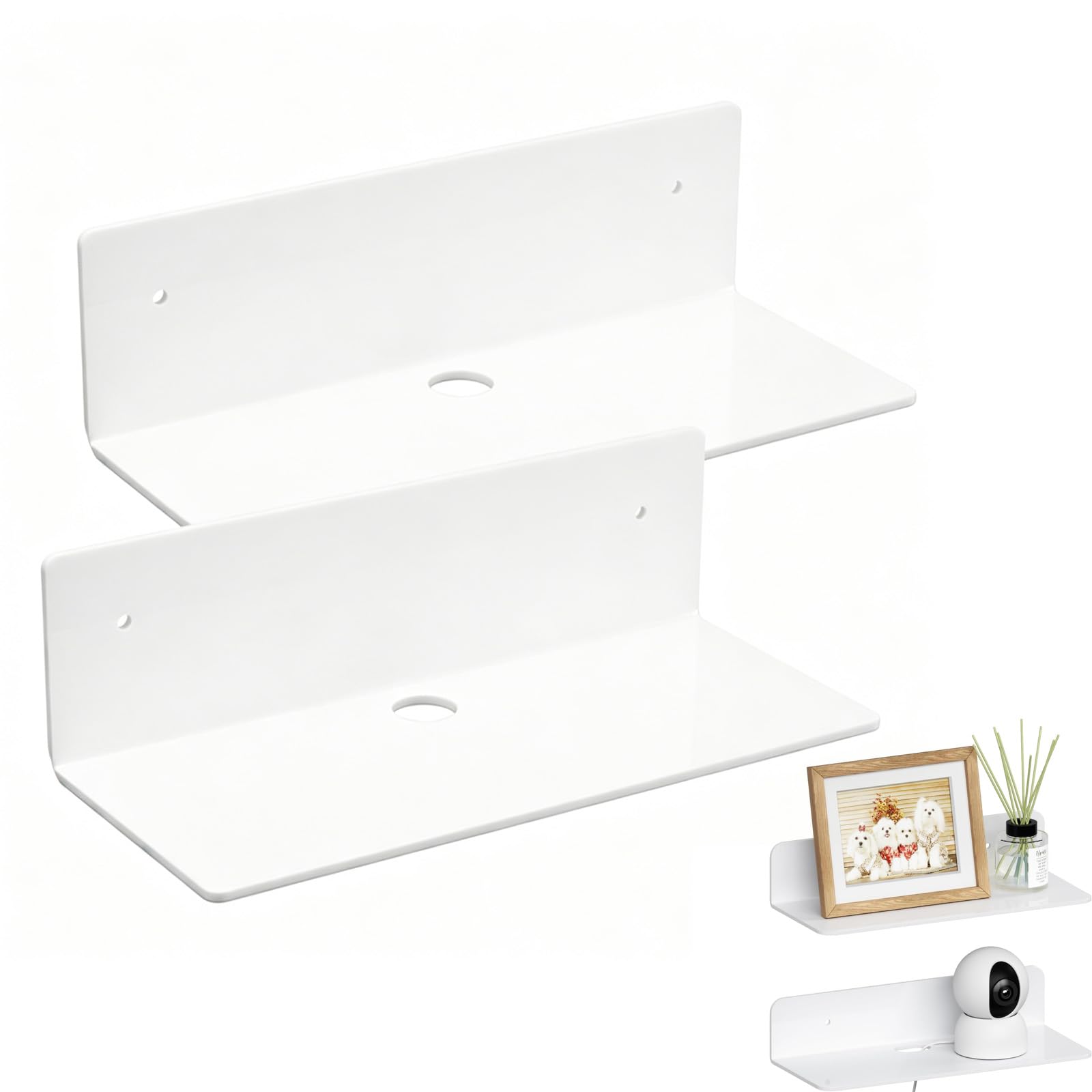 2 Pack White Acrylic Floating Shelves, Small 22.9x9.5x6 cm No Drill Wall Shelf with Wire Hole for Monitors, Dual Installation (Adhesive or Screws), Modern Display Shelves for Bedroom, Office, Kitchen