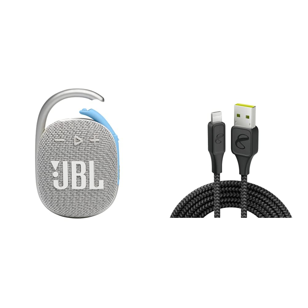 JBL Clip 4 Eco - Ultra-Portable Waterproof Speaker (White) and InfinityLab InstantConnect USB-A to Lightning -Charging Cable for iPhone and iPad - Black