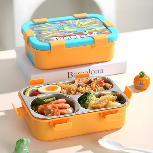 Image of Kids Tiffin Box Stainless Steel Lunch Box for School Boys & Girls | Leakproof Bento Lunch Box with 3 Compartments | Food Grade 304 Steel | Lunch Box for Kids School, Snacks & Office Use 700ML