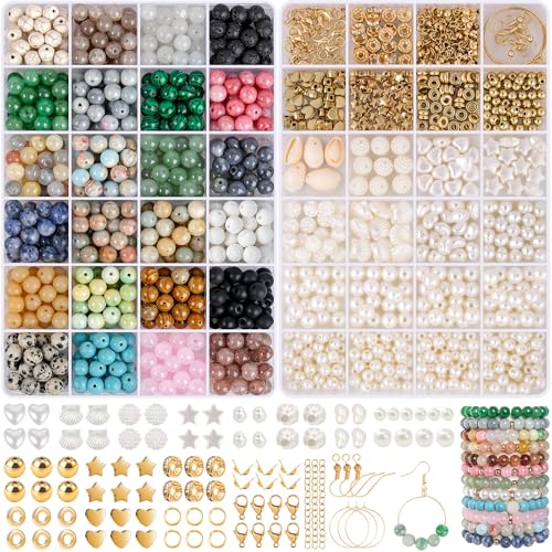 ARTREE Juego de perlas de 8 mm para pulseras, multicolor, piedras preciosas sintéticas, juego de perlas para enhebrar, pulseras de cuentas, juego de cuentas de cristal con accesorios para pulsera,