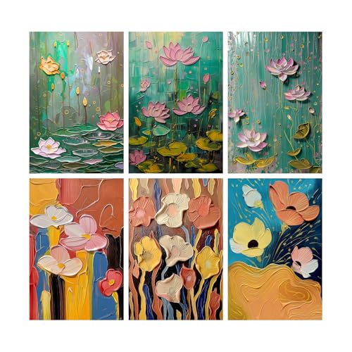 Image of SiddArtify Palette Knife Floral Art Prints Set - Teal Pink and Gold - 300GSM Board - 8x12 Inch - Pack of 6 Wall Room Decoration art Poster Prints