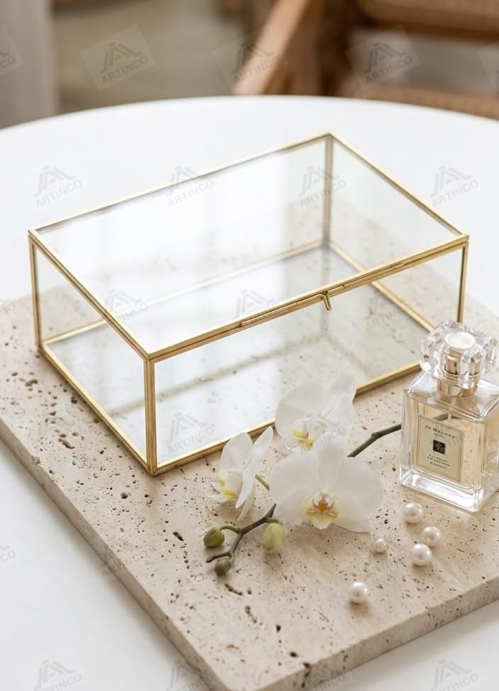 Image of Art India Collections Glass Jewelry Box with Brass Frame, Handmade Storage Box, 11x7x4 inches, Gold