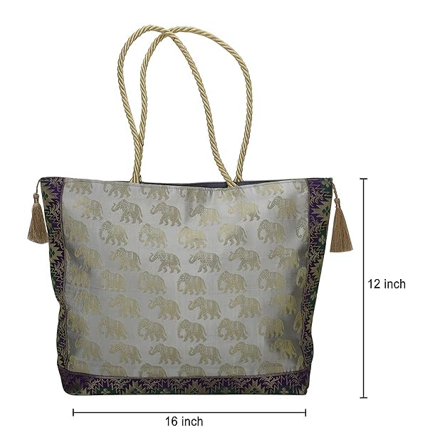 Image of Hand Purse | Traditional Hand Purse | Silk Wallet Hand Bag | Shagun HandPurse | Gifts HandBag | Golden Handle Tote Handbag | Brocade Shoulder Bag | 16 INCH