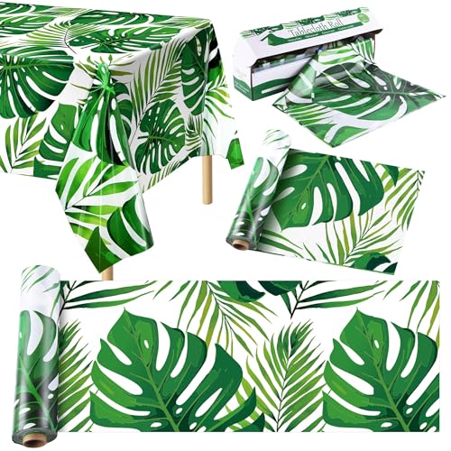 Image of Kochorie 100 Ft x 54 Inch Palm Leaves Tablecloth Roll with Cutting Box Hawaiian Luau Tablecloths Disposable Aloha Tropical Table Cover Backdrop for Hawaii Birthday Summer Beach Tropical Party Supplies