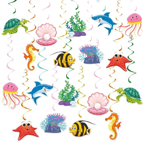 36 Stück Fisch Deko Set Hängende Wirbel Decke Dekor Kreative Unterwasser Deko Meerestiere Dekorationen für Ozean Party, Kindergeburtstag, Babyshower