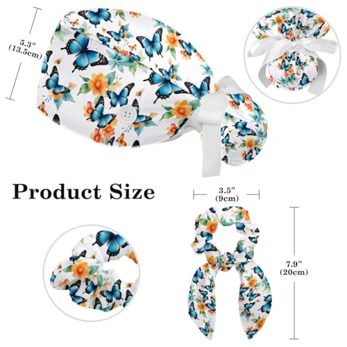 Image of Colored Butterflies Scrub Caps Women Ponytail, Adjustable Bouffant Surgical Caps with Button, Nurse Hats Long Hair