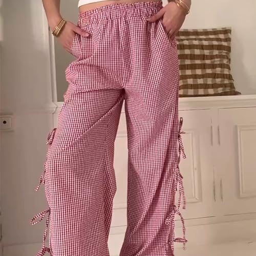 Image of Y2K Gingham Pants for Women Bow Tie Side Slit Wide Leg Lounge Bottom Plaid Checkered Loose Fit Going Out Pants