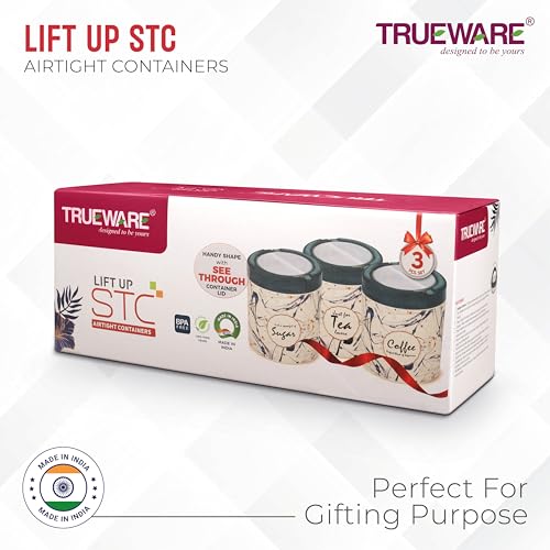 Image of Trueware Lift Up Sugar Tea Coffee Container|Set Of 3| Olive Green|Container|750 Ml Each|Air Tight|Bpa Free|100% Food Grade|Odour Proof|Kitchen Storage|Kitchen Accessories |Plastic,