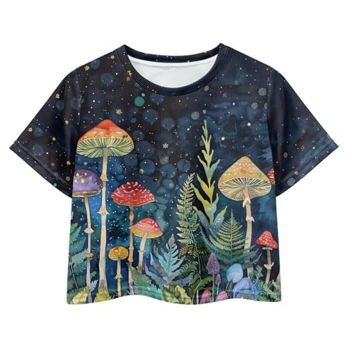 Image of Girls Crop Tops Cute Short Sleeve Shirts Fashion Tees for Kids Casual Crewneck Blouses Size 8-16 Years