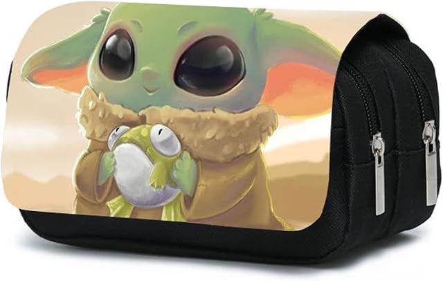 Yoda Pencil Case-Tomicy 1 Pcs Double Layers Pencil Case Baby Yoda Office Supplies Large with 2 Zipped Compartments Large Capacity Waterproof Pencil Case School Stationery Storage Bag for Students