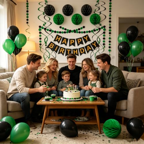 Image of Black Green Birthday Decorations, Happy Birthday Banner with Honeycomb Balls, Circle Dot Garland and Hanging Swirl Decorations for Women Men Boys Girls (Green Black)