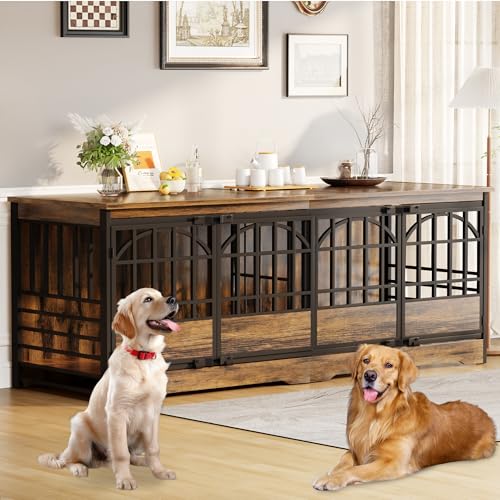 COZPAW 86 Inch Double Dog Crate Furniture for 2 Large Dogs, Decorative Dog Kennel Indoor TV Stand, Heavy Duty Wooden Dog Cage for Large Medium Dogs Sized Dog Pet House with Divider (Brown)