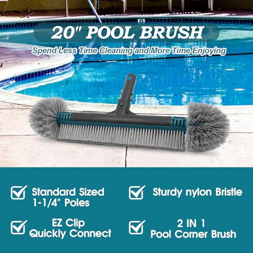 20\'\' Pool Brush Head, Detachable Pool Cleaning Brush with Durable Around Nylon Bristles, EZ Clip Aluminum Handle- Clean Swimming Pool Walls, Steps & Corners Faster