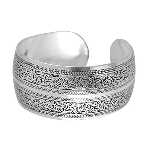 BODYA Tibeten Silver Carved Spiral Flower Connecting Branches Pattern Wide Band Open Cuff Bracelet Bangle