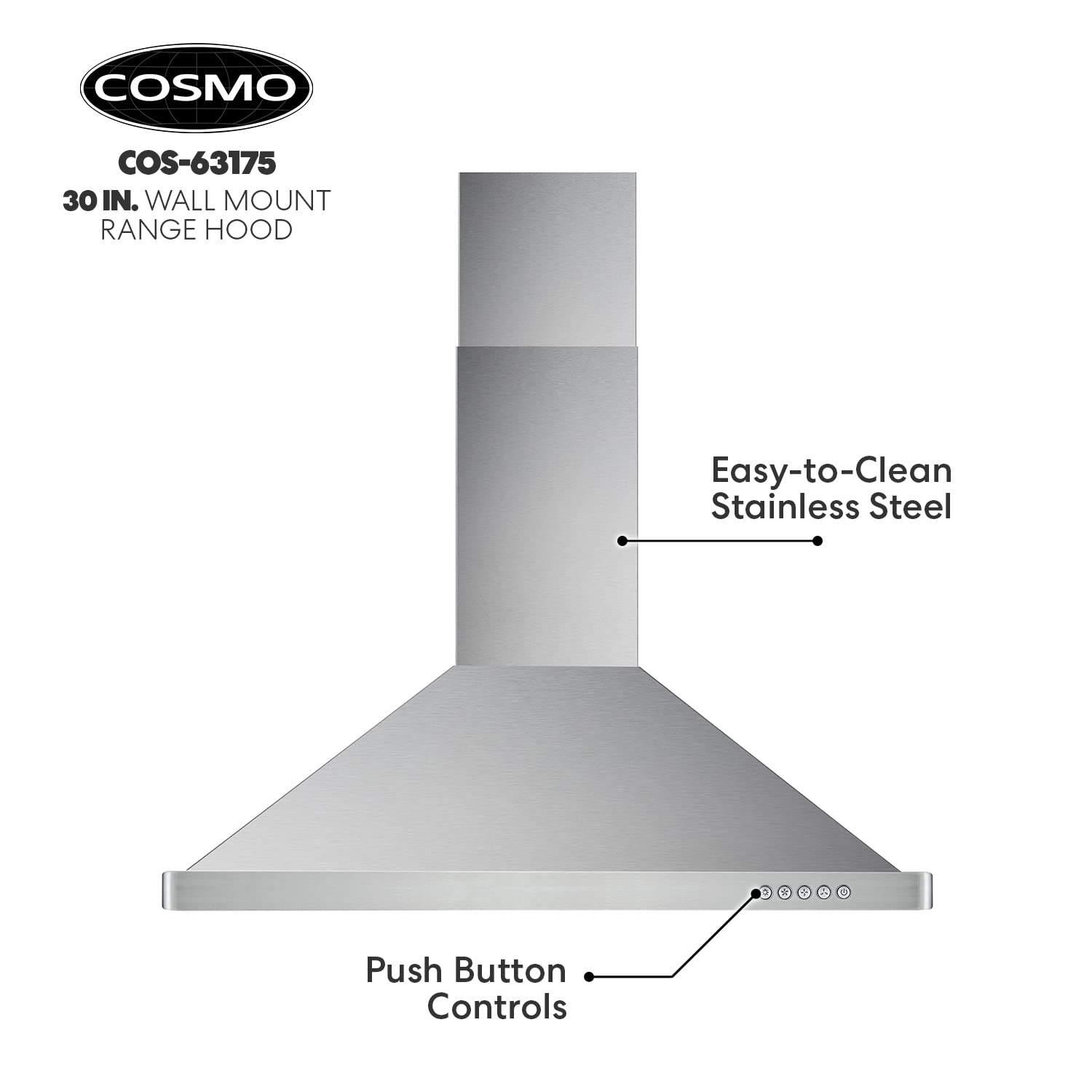 Cosmo 63175 30 in. Wall Mount Range Hood with Efficient Airflow, Ducted