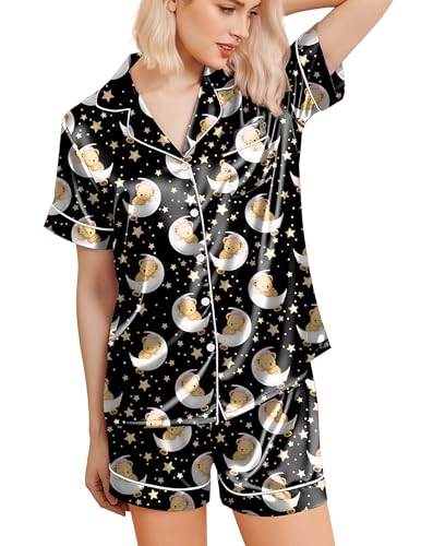 Image of Ekouaer Silk Pajamas for Women Funny Teddy Sleepwear Comfy Short Sleeve Button Down Loungewear Satin Pjs Shorts Set,Black,XL