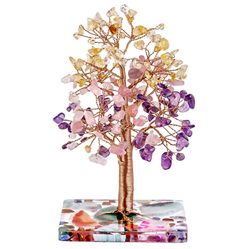 Rockcloud Citrine + Rose Quartz+ Amethyst Natural Healing Crystal Tree Decoarations for Home Office, Copper Wrapped Tree of Life Bonsai Feng Shui Money Tree for Wealth and Luck