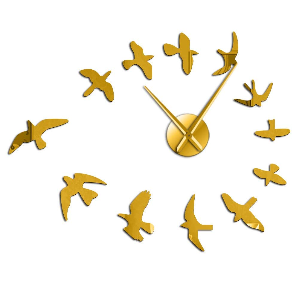 YH Decorative Mirror Wall Clock Flying Birds Wall Clock Modern Design Luxury Frameless DIY Large Clock Wall Watch Nature Room Decor(Gold,37IN)