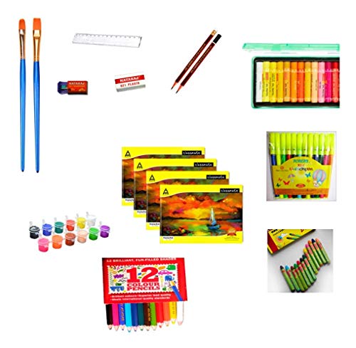 Drawing Kit for kids, Combo of 4 Drawing books, 12 crayons, 12 sketch pen, 12 oil pastels, 12 color pencils, 12 watercolors, 2 paint brush, 2 pencils, eraser, sharpener and scale