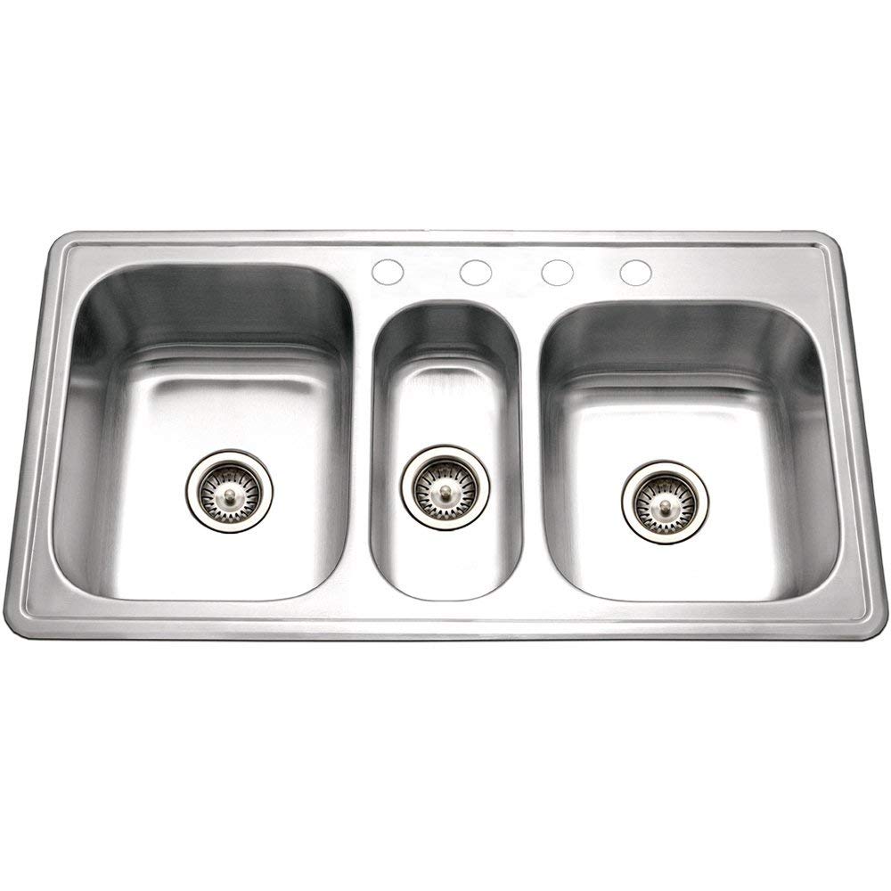 Stainless Steel PGT-4322-1 Premiere Gourmet Series - Topmount 4-Hole Triple Bowl Kitchen Sink, Premium Corrosion Resistant Quality, Ideal for Kitchen and Bar Use, Includes 2 Basket Strainers