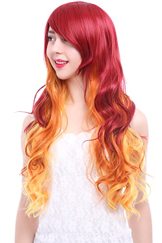 Rolecos Womens Long Wavy Fire Wigs Syntheic Hair Wig Red Fade Orange #TOP1