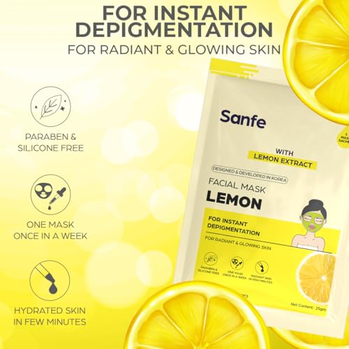 Image of Sanfe Glow Up Sheet Mask (Pack of 6) | Korean Facial Masks with Rose, Cucumber, Charcoal, Lemon, Papaya & Vitamin C | For Instant Glow, Hydration, Detan, Brightening & Oil Control | 150Gm