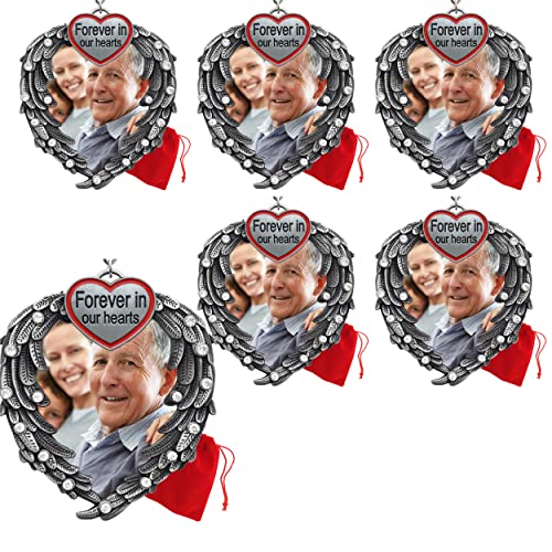 Christmas Memorial Photo Ornaments - Forever in Our Hearts - Silver Heart Shaped Angel Wings - Hanging Memorial Ornament - in Memory Christmas Ornament - 6 Pack - Measures 3.5