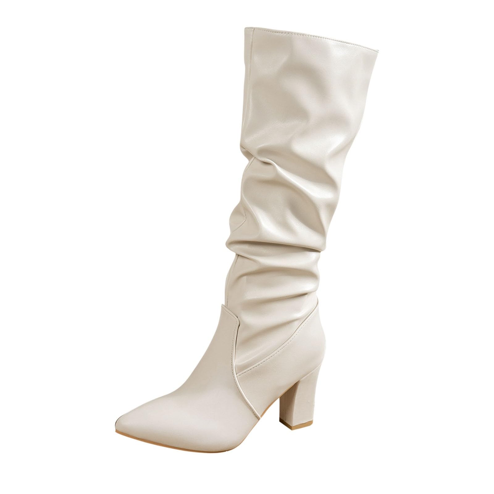 Women's Wide Calf Knee High Boots Slouchy Side Zipper Fall Winter Long Shoes Chunky Pump Heel Plus Size Pointy-toe Boot