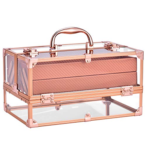 Frenessa Acrylic Makeup Train Csse Cosmetic Storage Box Portable 4-Tier Trays Jewelry Storage Organizer Makeup Display Case for Women and Girls - Rose Gold