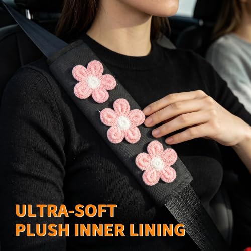 Image of Cute Pink Flower Seat Belt Cover Pads for Women Girls - Soft Plush Seatbelt Cushion, Fun Car Accessories (2, Pink Flower Black Oxford Pad)