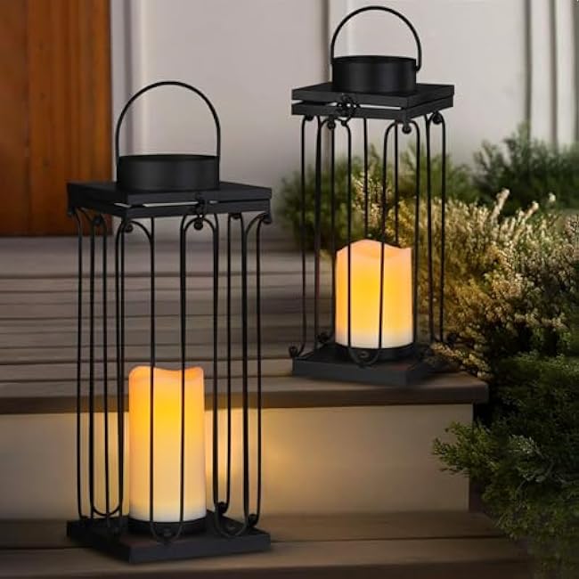 Solar Lantern Decorative Outdoor Set of 2 (18¡¯¡¯ & 15¡¯¡¯) Modern Black Metal Lanterns with Solar Candles, Decorative Candle Lanterns for Outdoor Porch, Patio, Garden, Yard Decor