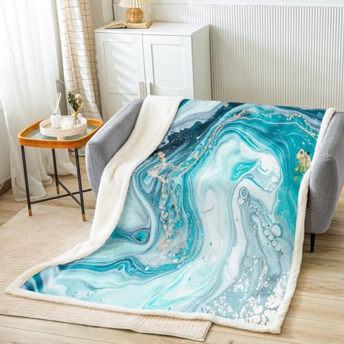 Marble Throw Blanket Teal Blue Golden Marble Sherpa Blanket Abstract Art Plush Blanket for Kids Boys Girls Women Luxury Ocean Swirls Marble Ripples Fuzzy Blanket for Sofa Bed Couch, Queen 90x90 Inch