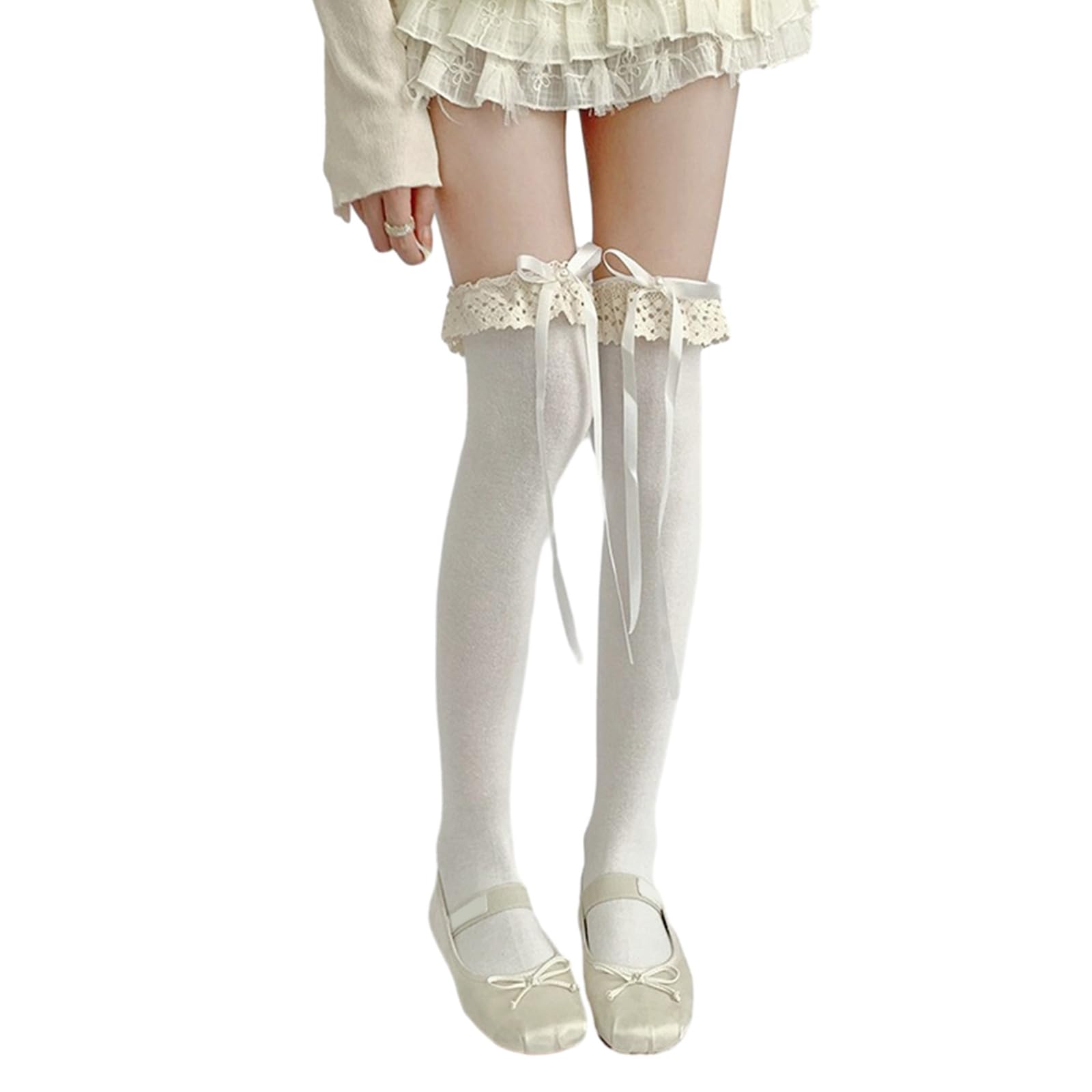 Alloneslife Women's Milky White Socks, Girl Sweet Lace Ruffle Trim Thigh High Socks Ribbon Bowknot Frilly Over The Knee Long Stockings Hosiery(Milky White)