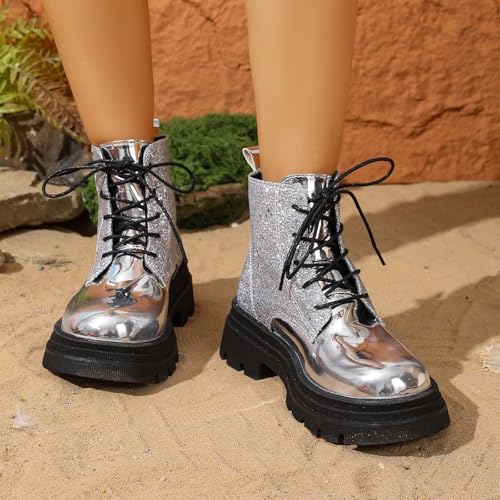Generisch Damen Stiefeletten Plateau Schnürstiefel Disco Pailletten Chunky Boots Vintage Party Stiefeletten mit Runder Kappe & Stabler Sohle, Alltag Herbst Winter Gothic Boots Karneval Kostüm