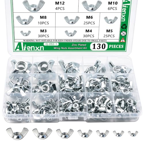 Image of 130PCS Metric Wing Nuts Assortment Kit, 7 Sizes- M3, M4, M5, M6, M8, M10, M12 Zinc Plated Wingnuts Fasteners, Parts Butterfly Wing Nut