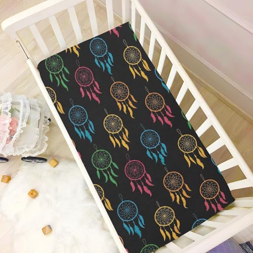 Image of VIGTRO Colorful Dream Catchers Pattern Baby Crib Sheets for Boys Girls, Breathable Soft Fitted Crib Playard Sheets Baby Mattress Sheet, M 52x28x9in