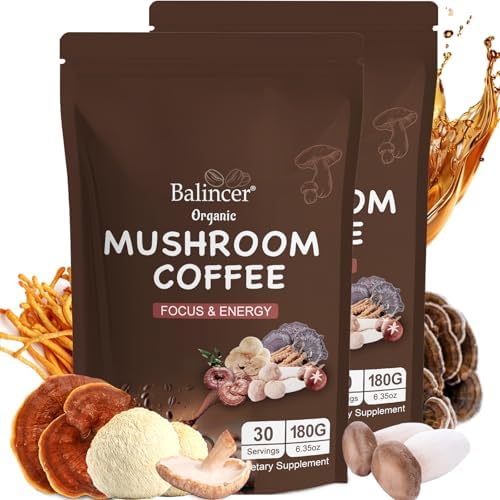 Mushroom Coffee Organic, 6 Adaptogenic Mushrooms (Lion's Mane, Cordyceps, Turkey Tail & Other) Mixed with Premium Instant Coffee for Focus, Energy, Immune and Gut Health Support, 60 Servings