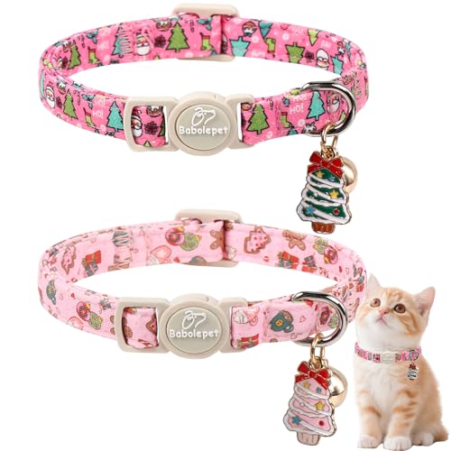 Babole Pet 2 Pack Christmas Cat Collars - Breakaway Cat Collar with Bell Pink and Green Christmas Tree Pendant Winter Adjustable Kitten Collars for Girl Boy Cats Cozy Christmas