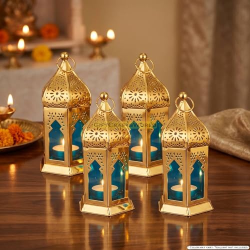 Image of Metal Antique Moroccan Lantern Hanging Vintage Style Lamp for Home Decoration Diwali Festive Light Traditional Indoor Outdoor Decor (Light Blue, Set of 4)