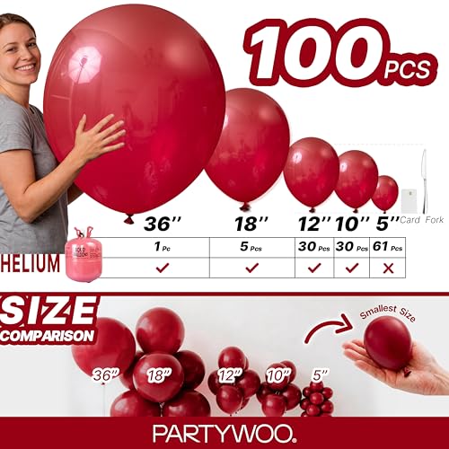 Image of PartyWoo Maroon Balloons 127 pcs Different Sizes of 36 18 12 10 5 Inch Dark Red Burgundy Ruby Red Balloon Arch Kit Garland for Graduation Valentine's Day Wedding Anniversary Party Decorations Red-Y75