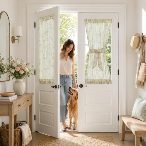 Image of jinchan Green Linen Floral French Door Curtains 40 Inch Rod Pocket 2 Panels