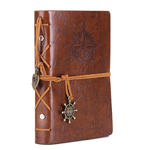 EvZ Leather Writing Journal Notebook, 5 Inches Vintage Nautical Spiral Blank String Diary Notepad Sketchbook Travel to Write in, Unlined Paper, Retro Pendants, Classic Embossed, Retro Brown